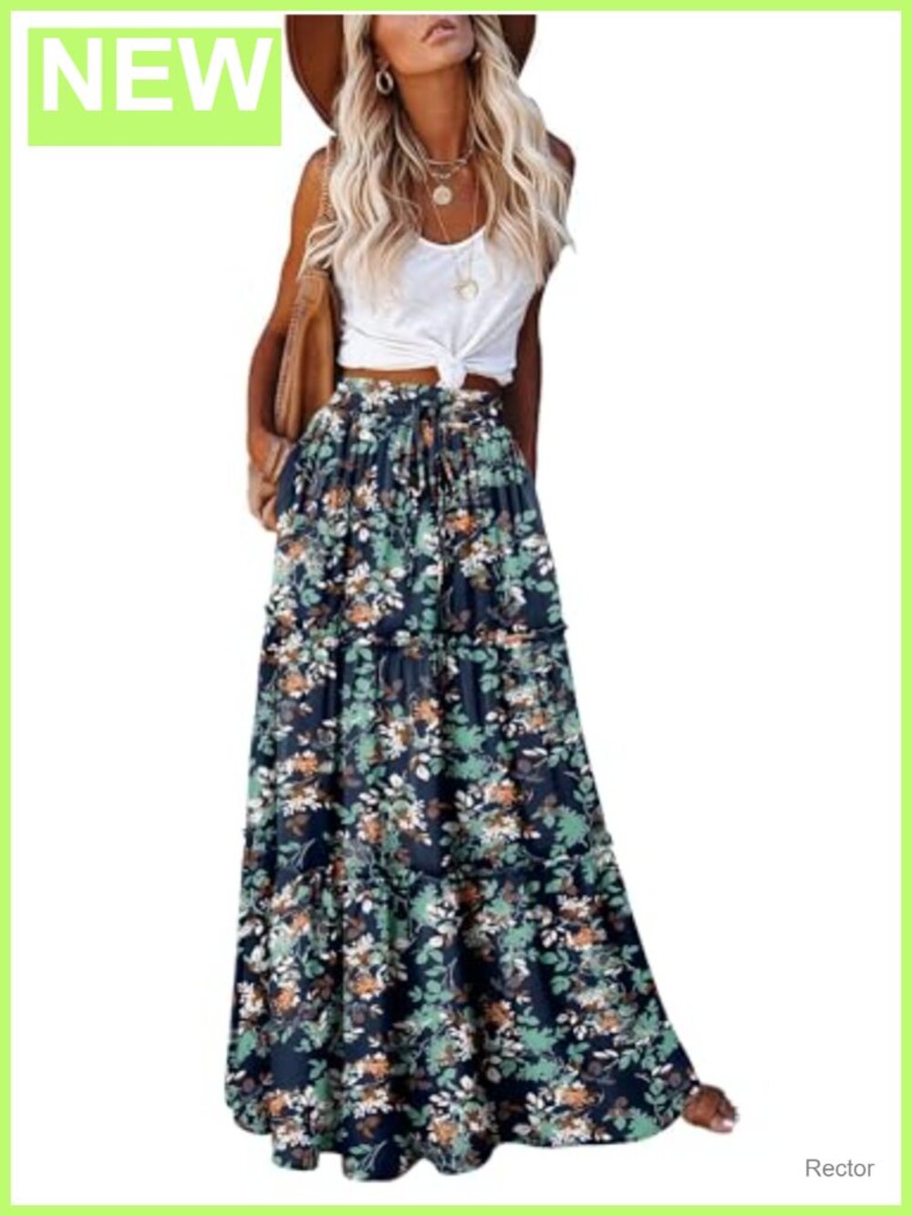 Women's Boho Tiered Maxi Skirt High Elastic Waist Flowy Vacation Skirt